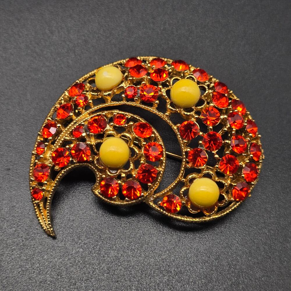 Orange Yellow Rhinestone Paisley Brooch Vintage Glam Jewelry